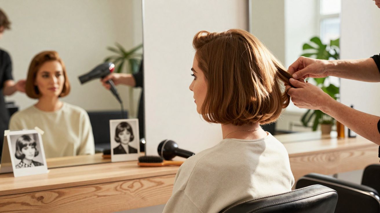 Vrouw krijgt kappersbeurt met föhn en styling aan haar korte haar in een salon met spiegel.
