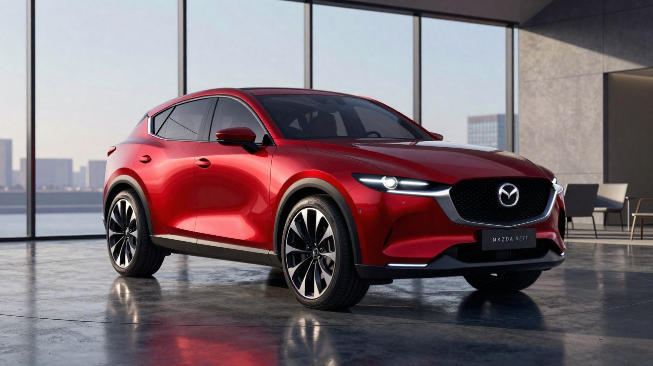 Rode Mazda SUV geparkeerd in modern gebouw met grote ramen en stadsuitzicht.