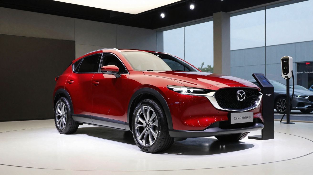 Rode Mazda CX-30 hybride SUV tentoongesteld in modern showroom met oplaadpunt en andere auto op achtergrond.