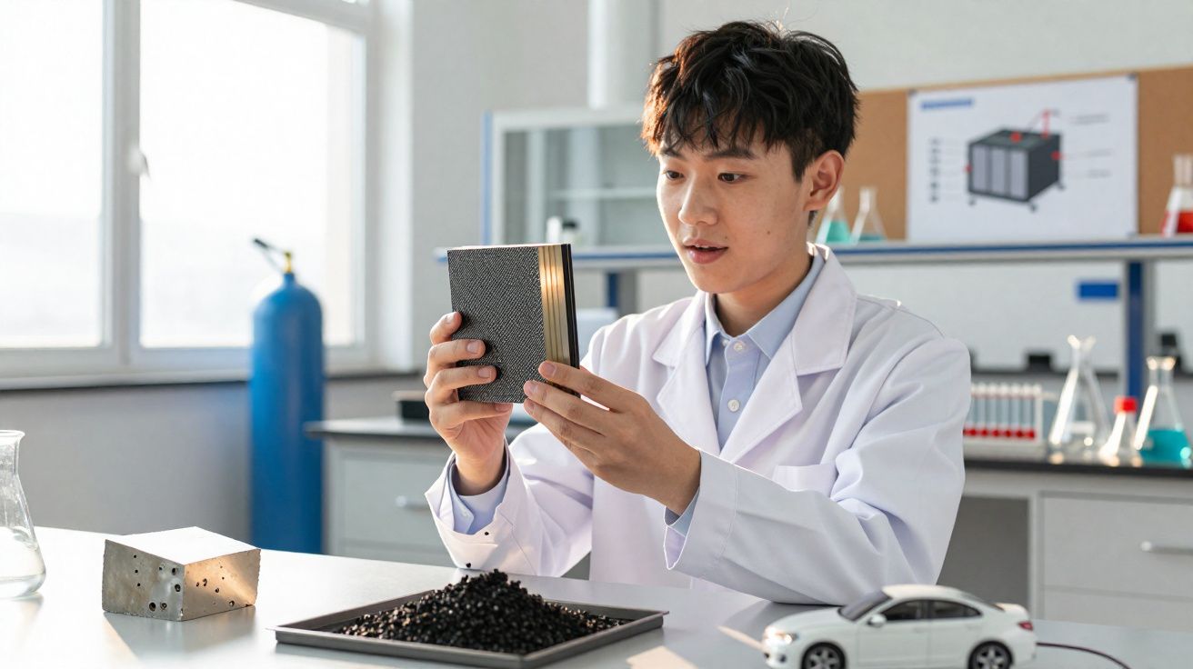 Jonge wetenschapper onderzoekt een materiaalmonster in laboratorium met modelauto en onderzoeksmateriaal op tafel.