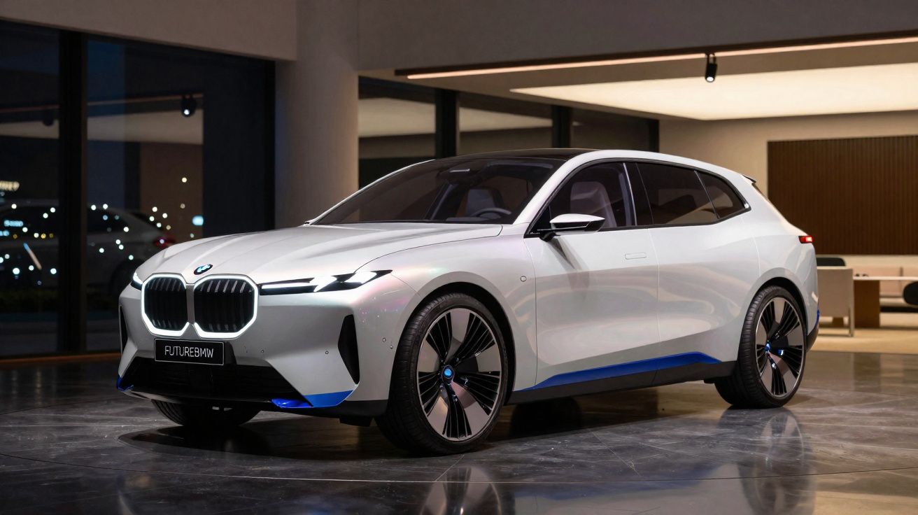 Witte futuristische BMW elektrische auto in een moderne showroom met grote ramen en zachte verlichting.