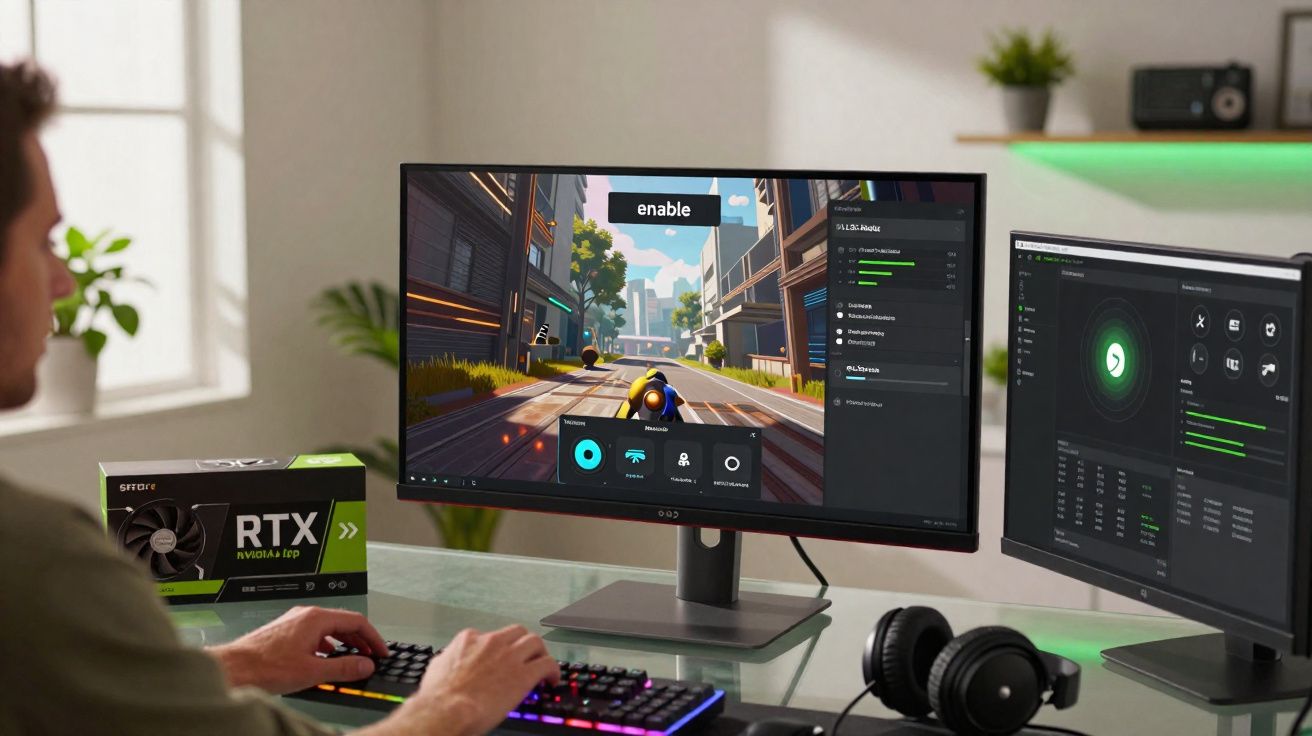 Persoon speelt videogame op dual-monitor pc met Nvidia RTX grafische kaart op bureau in lichte kamer.