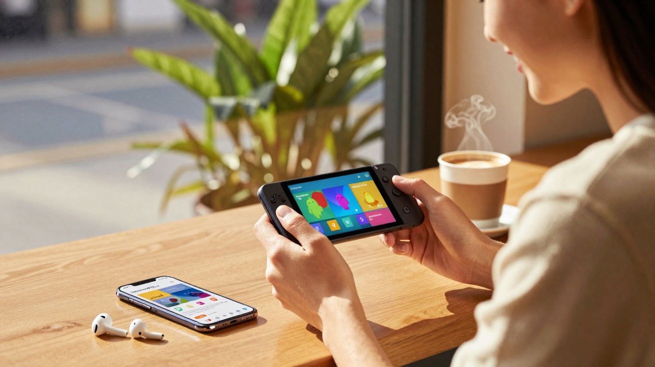 Persoon speelt met handheld gameconsole aan tafel met smartphone, oordopjes en kopje koffie bij raam.