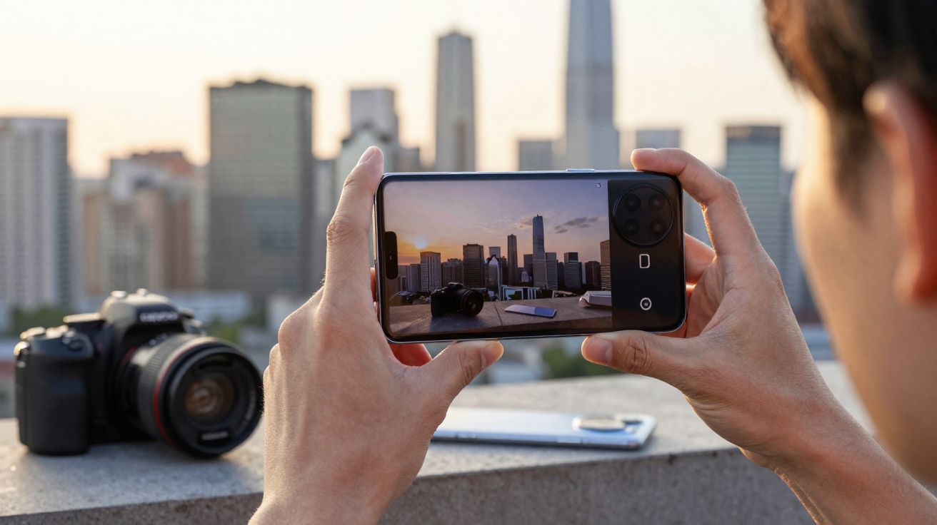 Persoon maakt foto van stadsgezicht bij zonsondergang met smartphone, DSLR-camera op achtergrond.