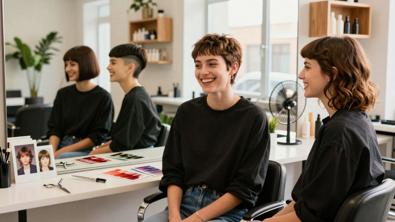 Twee jonge vrouwen lachen tegenover elkaar in een kapsalon met spiegels, haarverzorgingsproducten en kleurstalen.