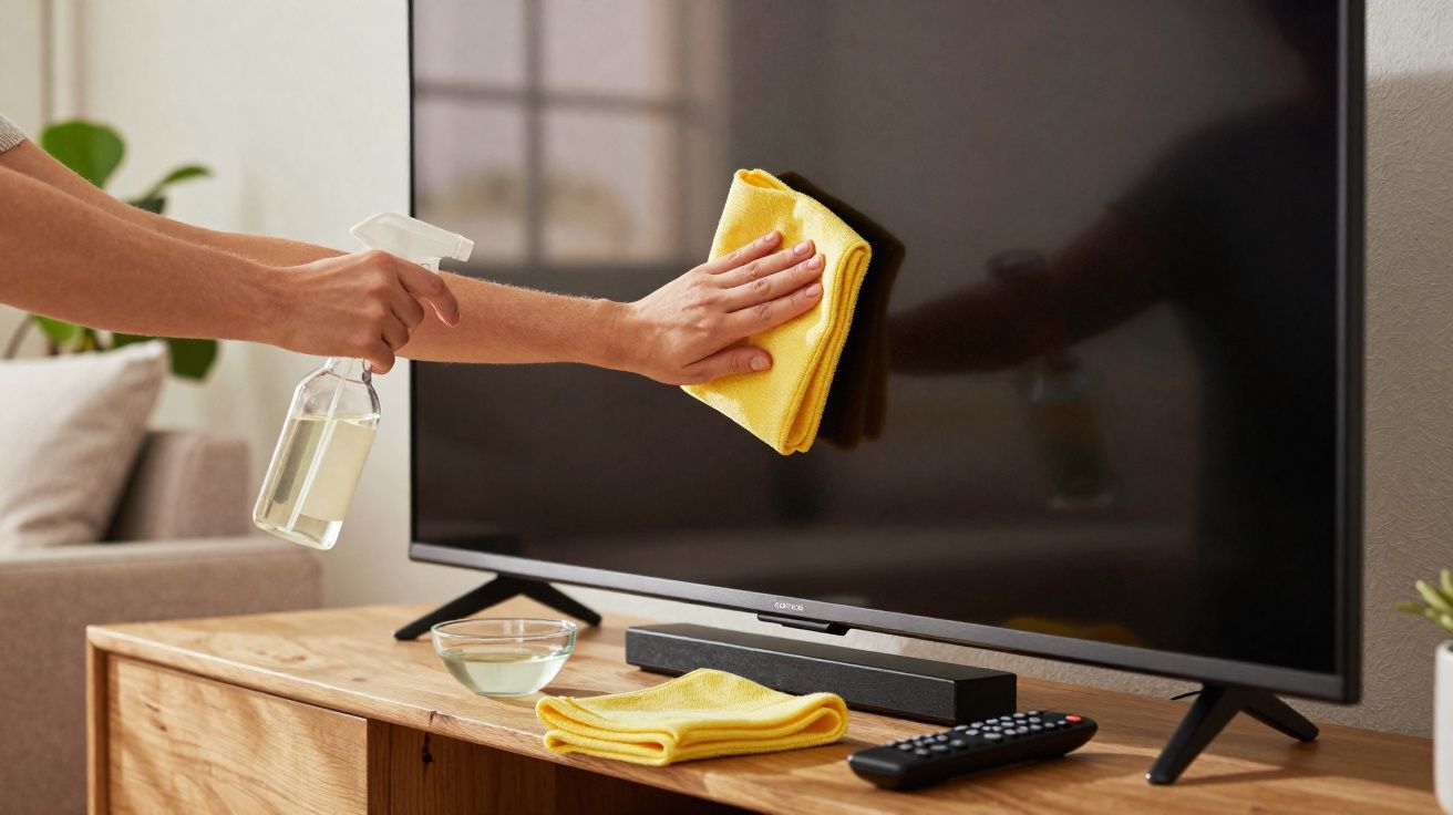 Iemand maakt een tv-scherm schoon met een gele doek en een spuitfles op een houten tv-meubel.