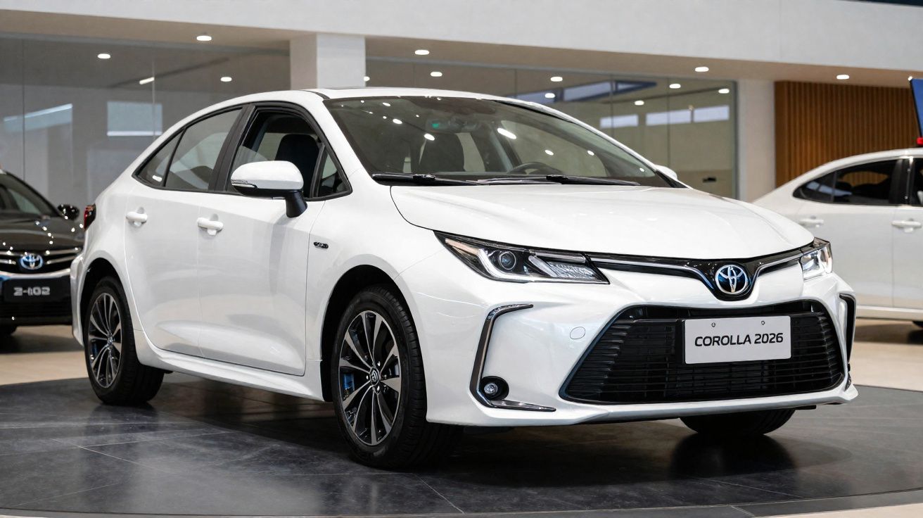 Witte Toyota Corolla 2026 sedan geparkeerd in een showroom met glanzende vloer en moderne verlichting.