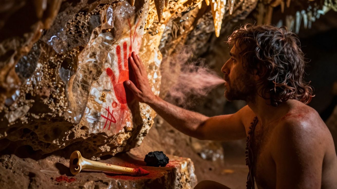 Prehistorische man blaast pigment op een rotswand met handafdruk en bot in een grot.