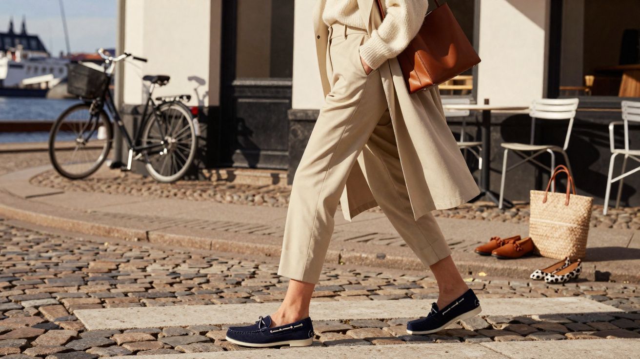 Vrouw loopt op kasseien met beige broek, mantel, navy blauwe loafers en bruine handtas bij zonnig terras.