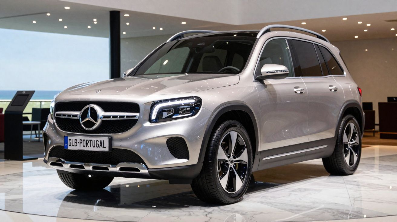 Zilverkleurige Mercedes-Benz SUV geparkeerd in een moderne showroom met marmeren vloer.