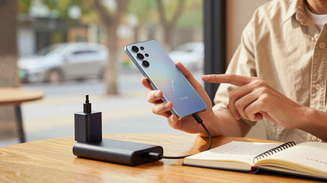 Persoon houdt een natte smartphone vast die op een powerbank is aangesloten op een houten tafel met notitieboek.