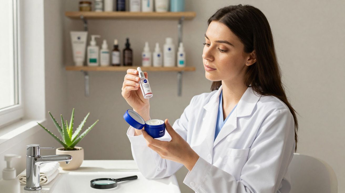 Vrouwelijke dermatoloog onderzoekt een potje crème en een serumflesje in een lichte badkamer.