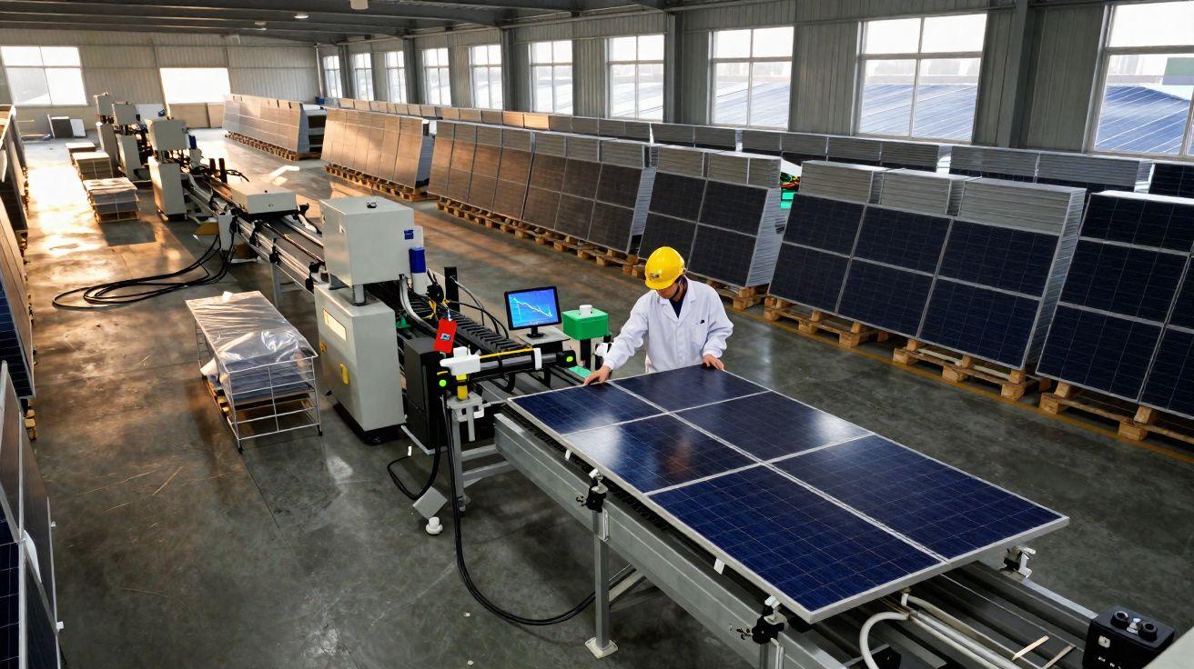 Werknemer controleert zonnepanelen in een fabriekshal met rijen solarpanelen op houten pallets.