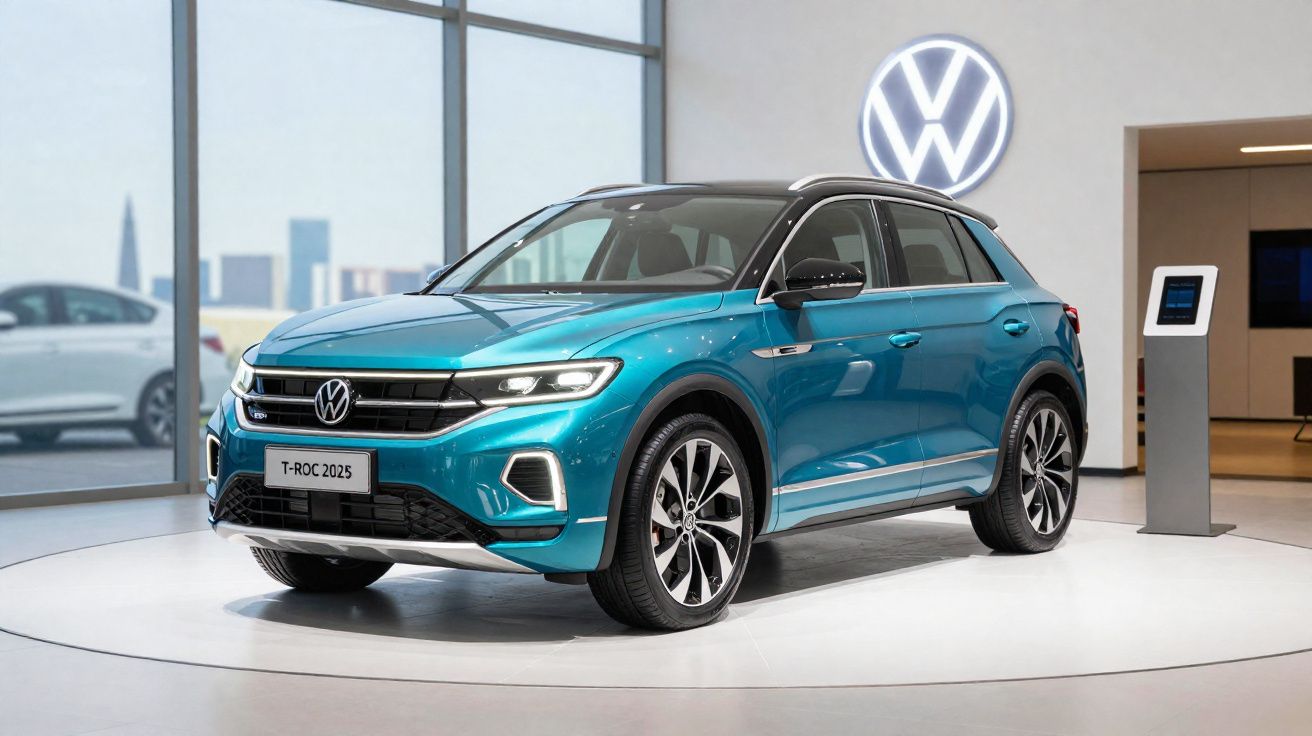 Blauwe Volkswagen T-Roc 2025 SUV in showroom met logo en displaypaneel op achtergrond.