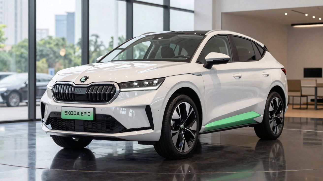 Witte Skoda Epiq elektrische SUV geparkeerd in een moderne showroom met grote ramen.