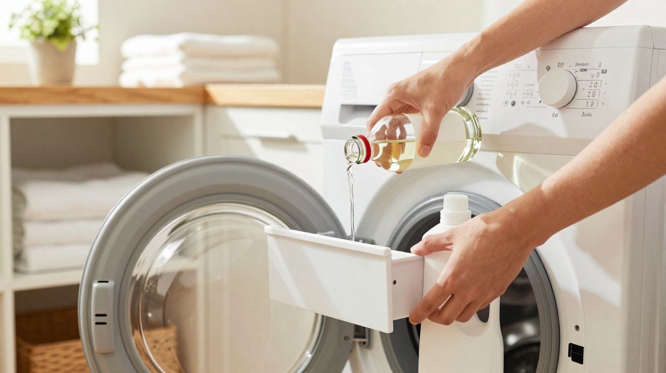 Hand giet vloeistof in wasmiddellade van een witte wasmachine met open deur, handdoeken op achtergrond.