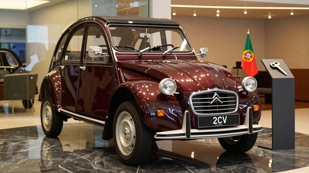 Donkerrode klassieke Citroën 2CV auto in showroom naast Portugese vlag en display met autosleutel.