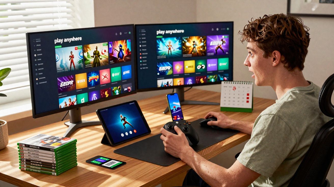 Jonge man speelt videogames met controller voor dubbele monitoren, tablet en smartphone op bureau.