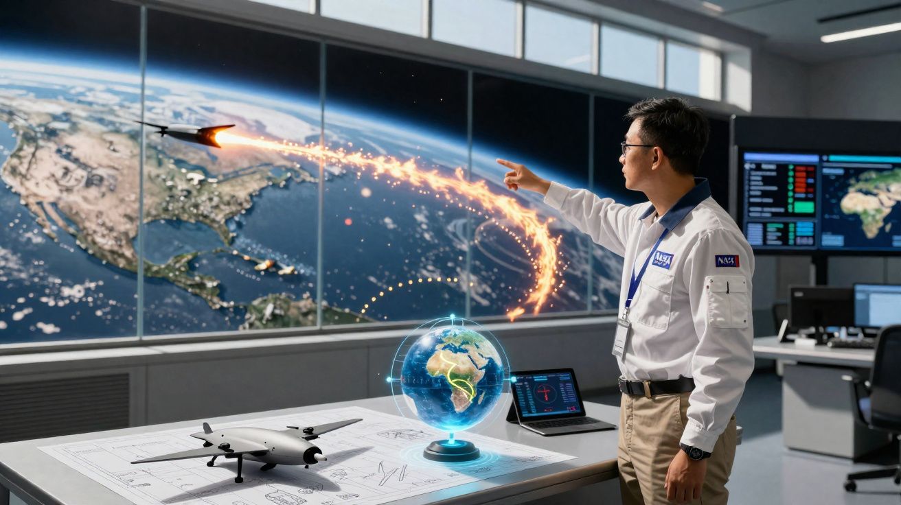 Een man in NASA-uniform wijst naar een digitale maanvlucht en vlammenbaan boven een wereldkaart in een controlekamer.