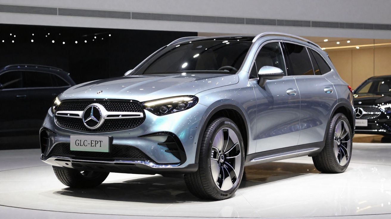 Zilverkleurige Mercedes-Benz GLC-EPT SUV gepresenteerd op een autoshow met glanzende afwerking.