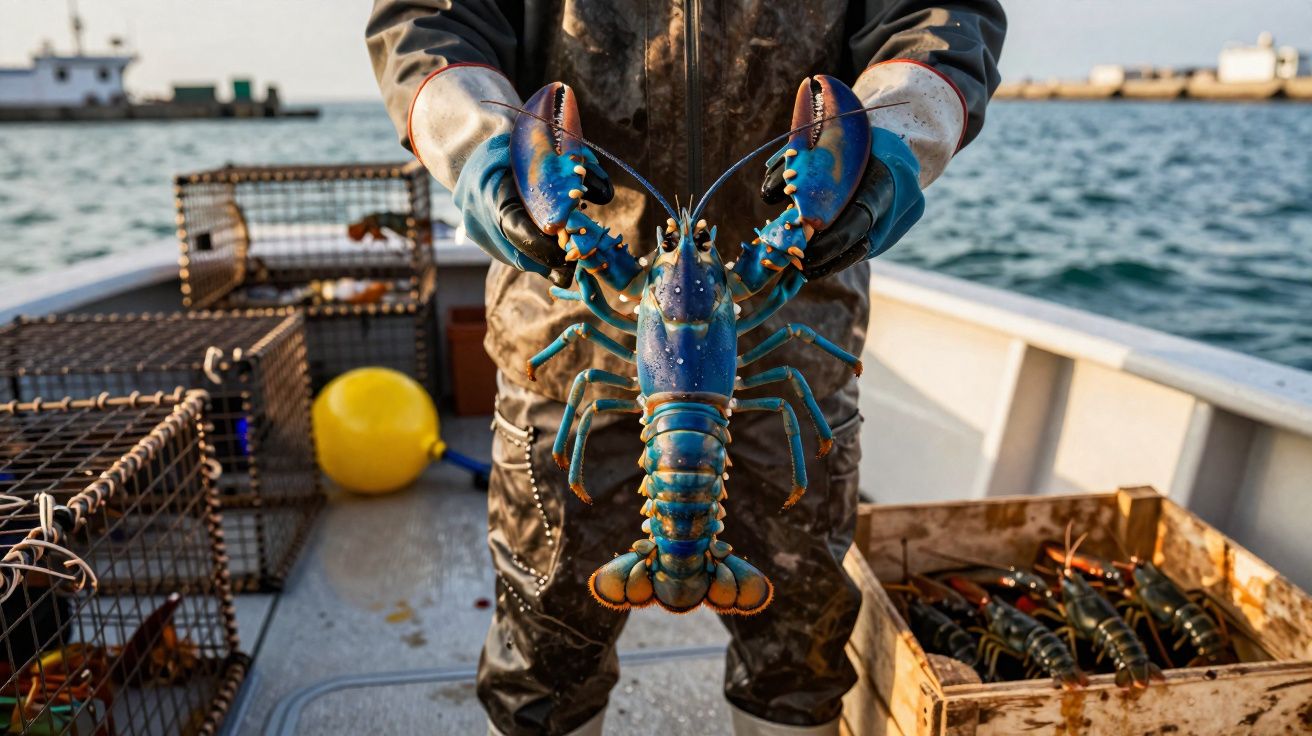 Visser op boot toont grote blauwe kreeft boven krat met kreeften aan zee.