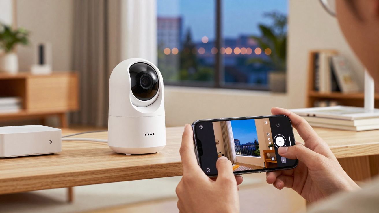 Persoon bedient huisbewakingscamera via smartphone in woonkamer met houten tafel en raam op de achtergrond.