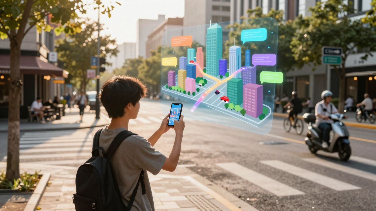 Jongere gebruikt smartphone met holografische 3D-stadskaart in stedelijke omgeving bij zonsondergang.