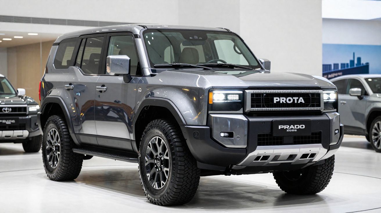 Grijze robuuste SUV Prado 2026 met LED-koplampen gepresenteerd in autodealer showroom.