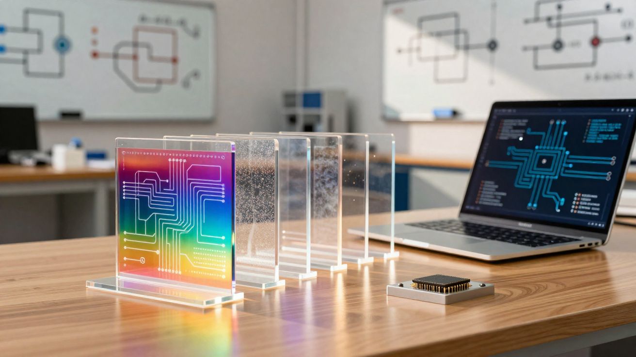 Een demonstratie van lichtgolven en een laptop met een circuitschema op een houten bureau in een klaslokaal.