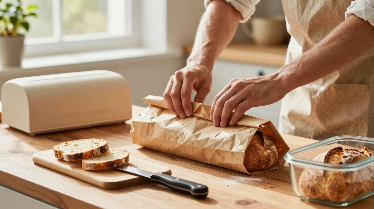 Iemand die een brood in een papieren zak verpakt op een houten keukenblad met gesneden brood en mes erbij.