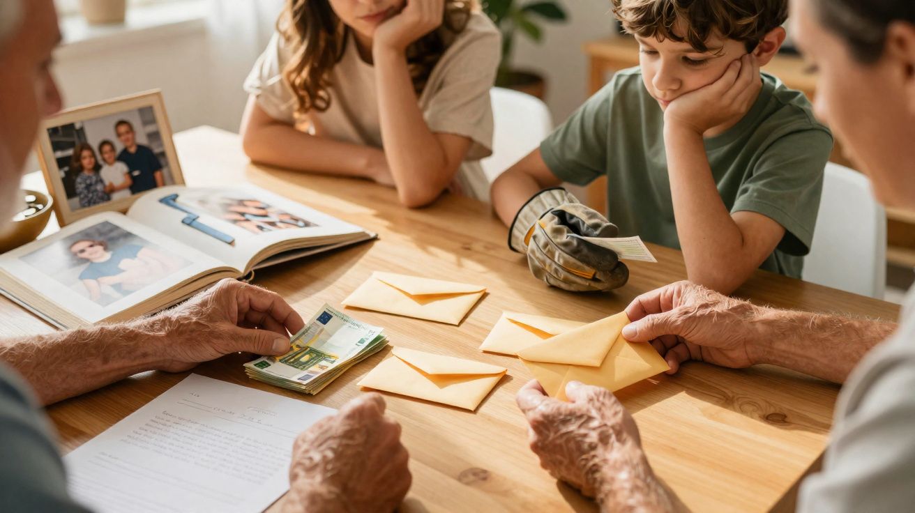 Ouders en kinderen zitten aan tafel met enveloppen, geld en een fotoboek, met serieuze gezichten.