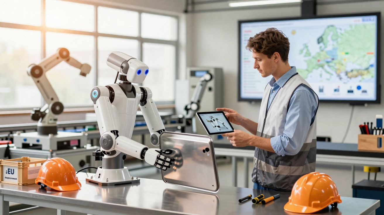 Een jonge ingenieur bedient een robot met een tablet in een modern laboratorium met technische apparatuur.
