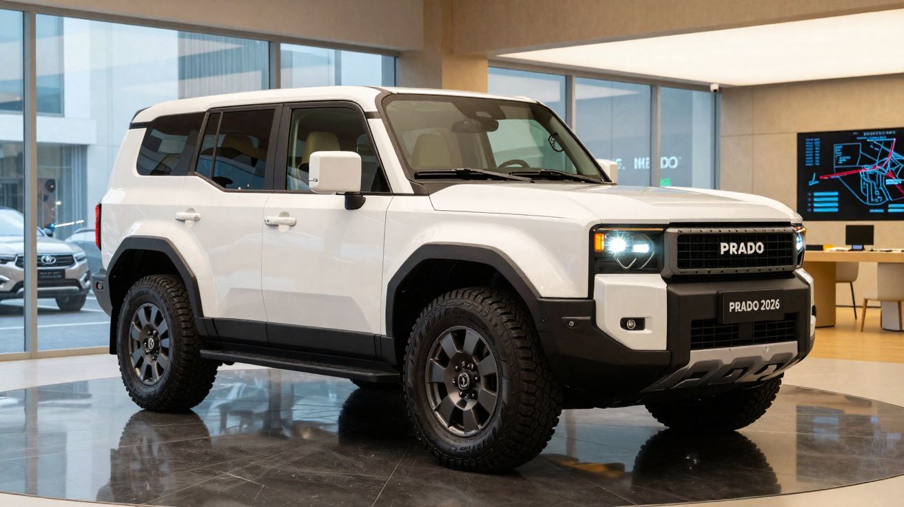 Witte Toyota Prado 2026 SUV met robuust ontwerp in showroom met grote ramen en moderne inrichting.
