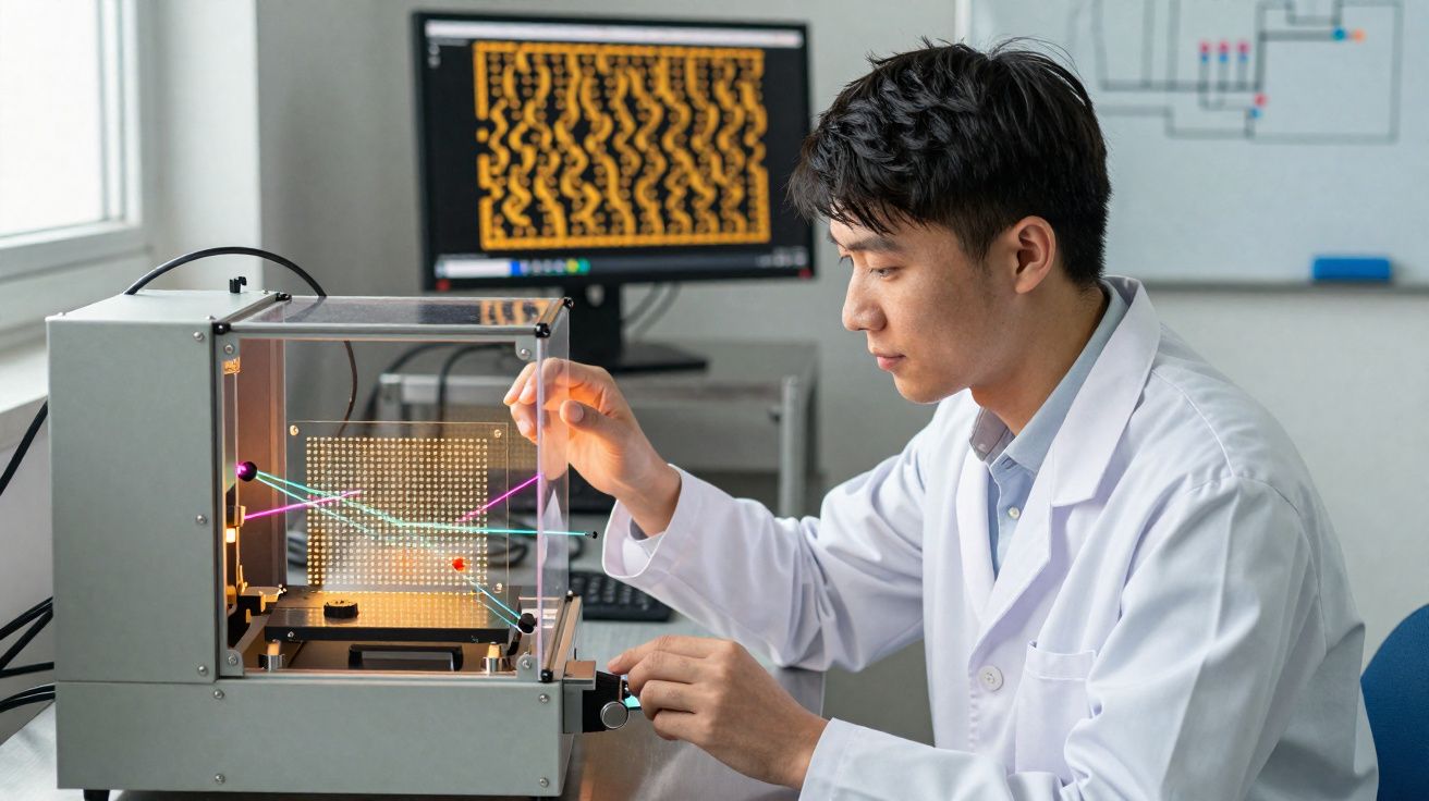 Wetenschapper in laboratoriumjas werkt aan geavanceerd apparaat met lasers en computerscherm op achtergrond.