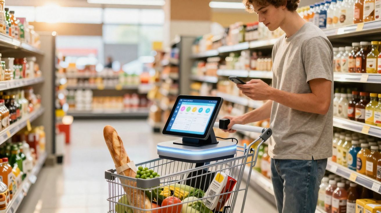 Jongeman scant boodschappen met smartphone bij zelfscan kassa in supermarktgang met volle winkelwagen.