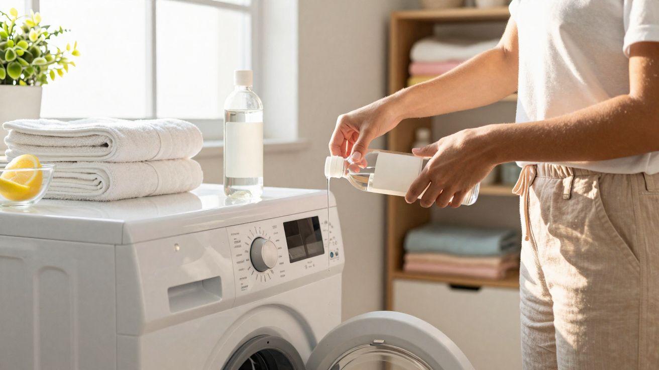 Persoon giet vloeibaar wasmiddel in wasmachine in een lichte wasruimte met opgevouwen handdoeken.