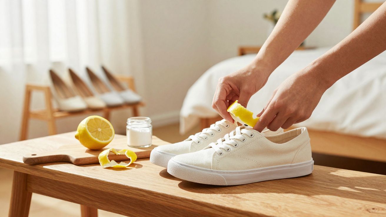 Iemand wrijft met een citroenschil over witte schoenen op een houten tafel in een lichte kamer.