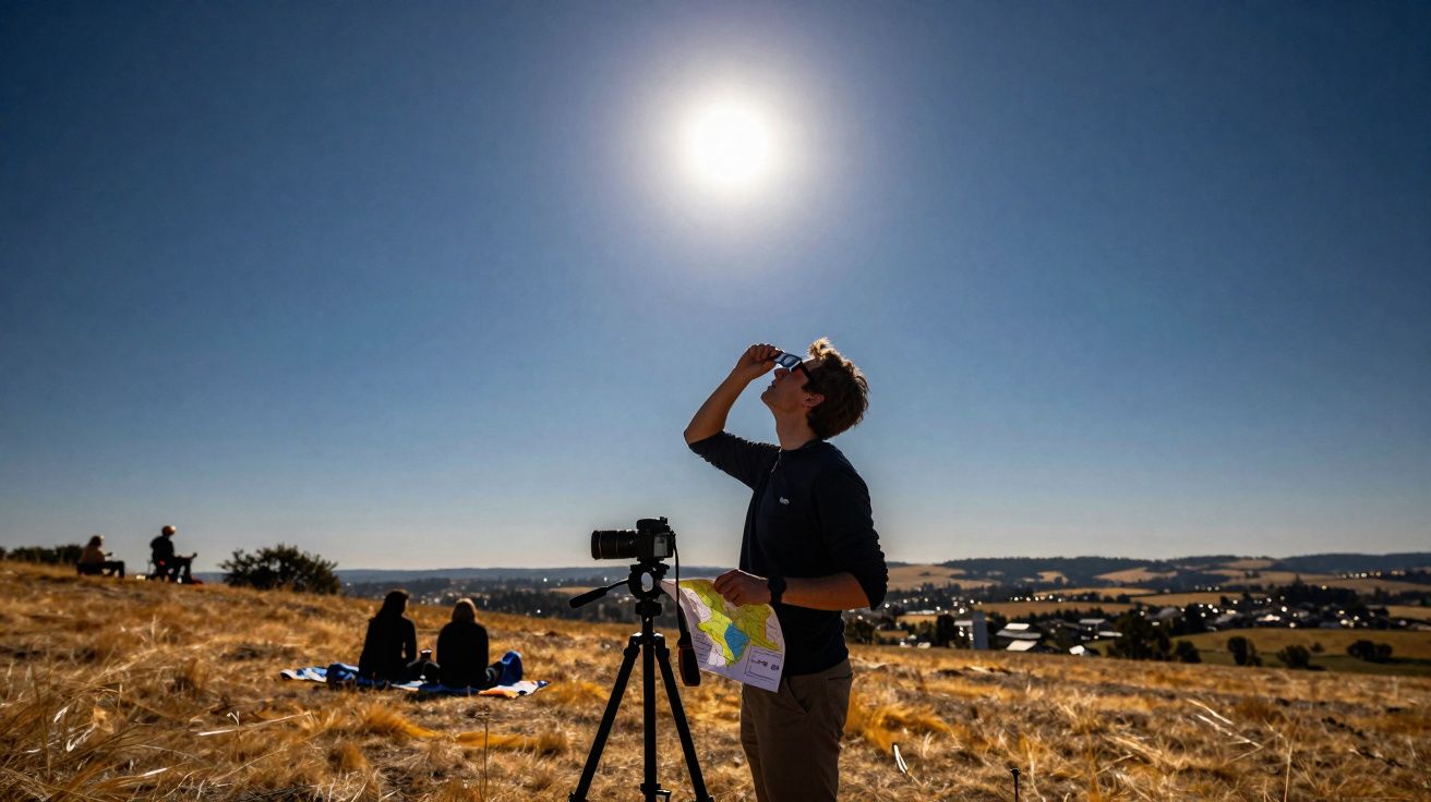 Man staat in zonnig veld, kijkt door sterrekijker, houdt kaart vast naast statief met camera, groep mensen op achtergrond.