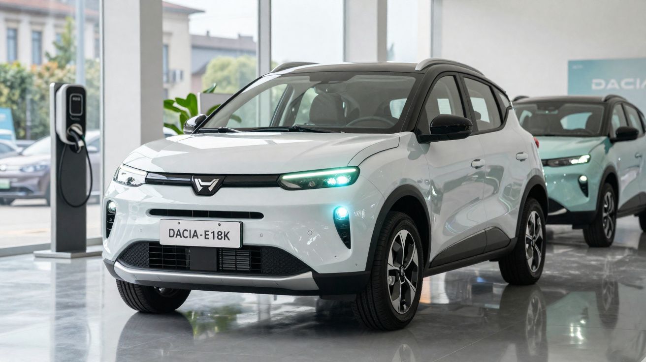 Witte Dacia E-18K elektrische SUV te koop in showroom met lader en tweede auto op achtergrond.
