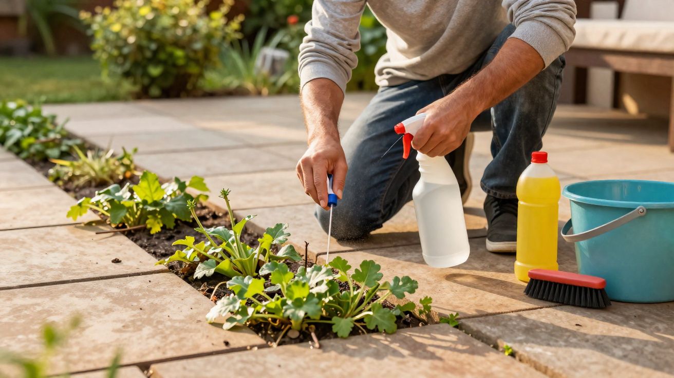 Persoon verwijdert onkruid tussen tegels in tuin met gieter, borstel en emmer naast zich.