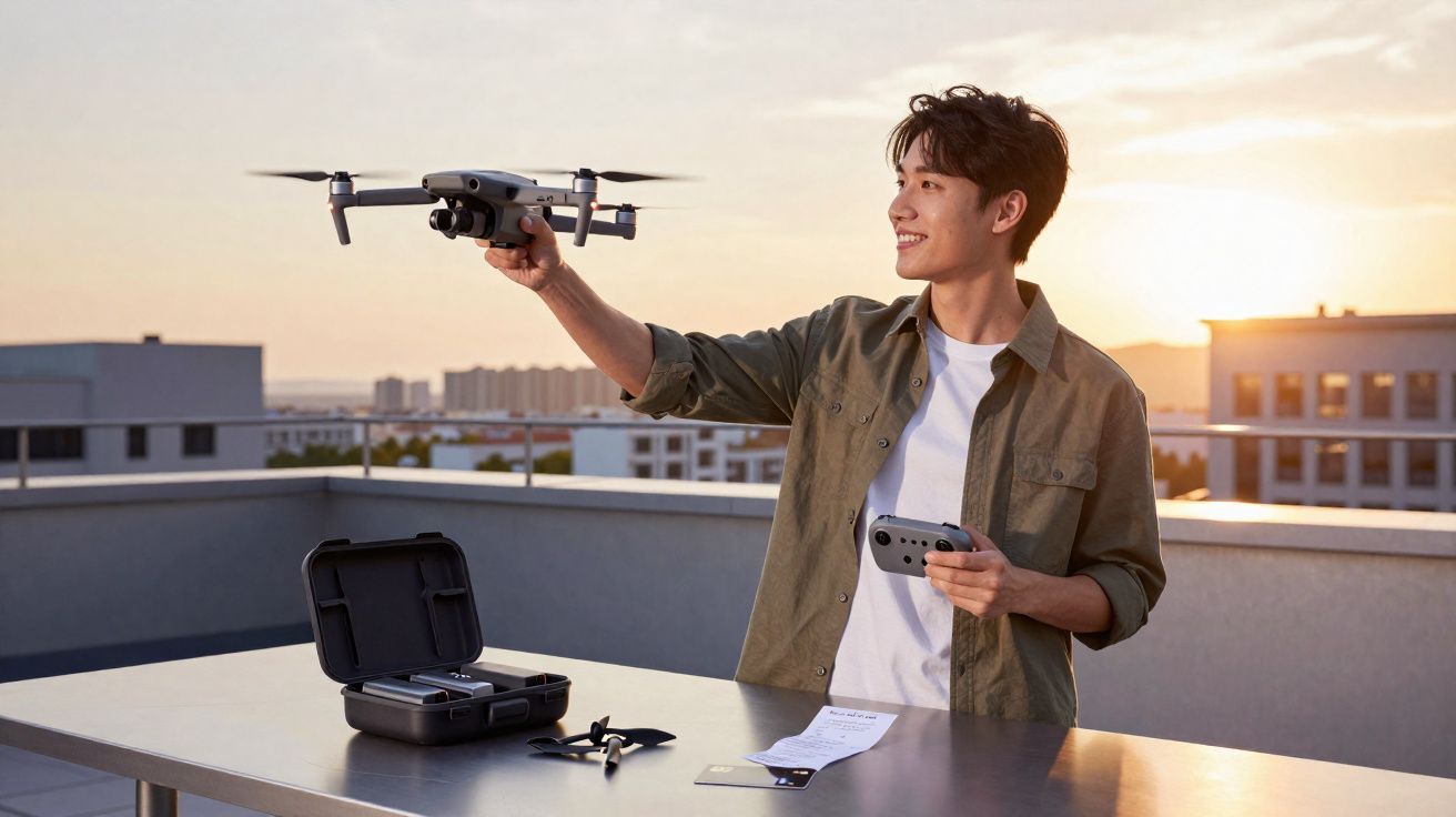 Jonge man lanceert drone vanaf dakterras bij zonsondergang, met controller en accessoires op tafel.