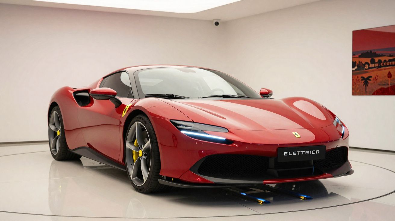 Rode Ferrari Elettrica sportwagen in een moderne, minimalistische showroom met witte muren.