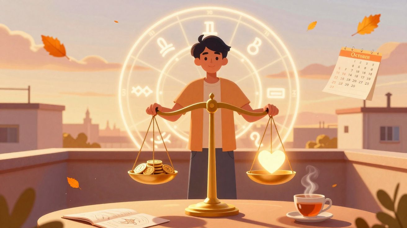 Jongere weegt munten en hart op een balans, met astrologische symbolen, kalender en herfstbladeren op balkon.