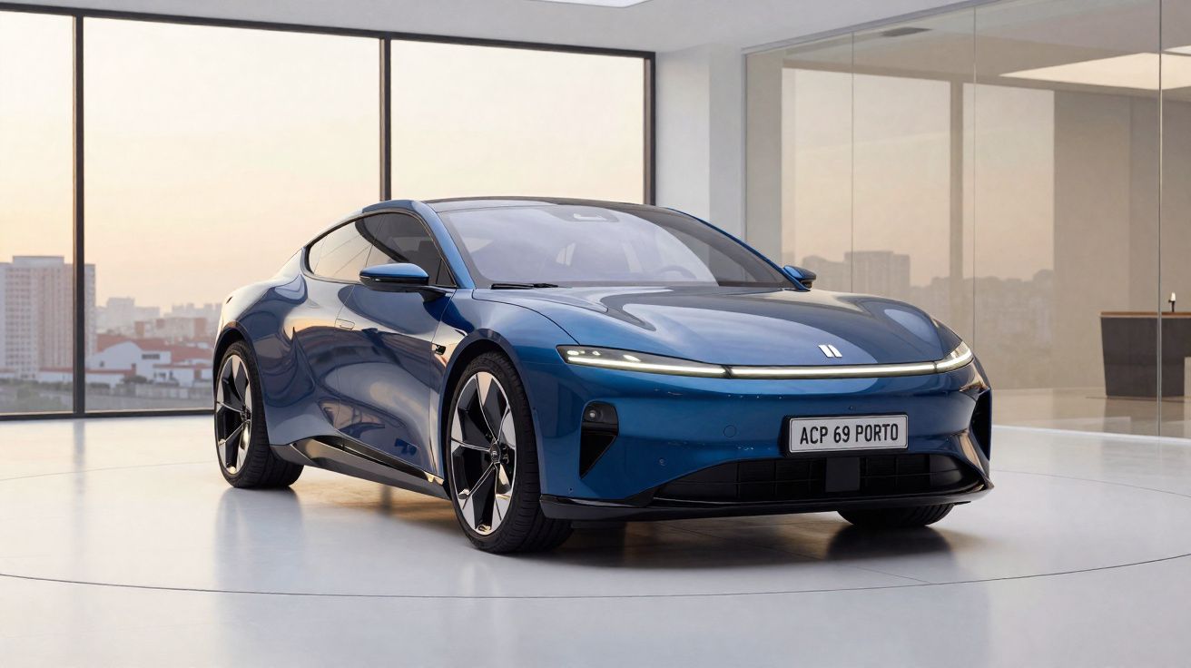Blauwe moderne elektrische sportwagen in een lichte showroom met grote ramen en stadszicht op de achtergrond.