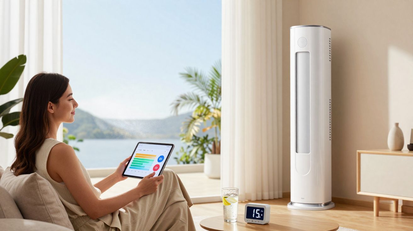 Vrouw bedient airconditioner met tablet in lichte woonkamer met smart thermometer en glas water op tafel.