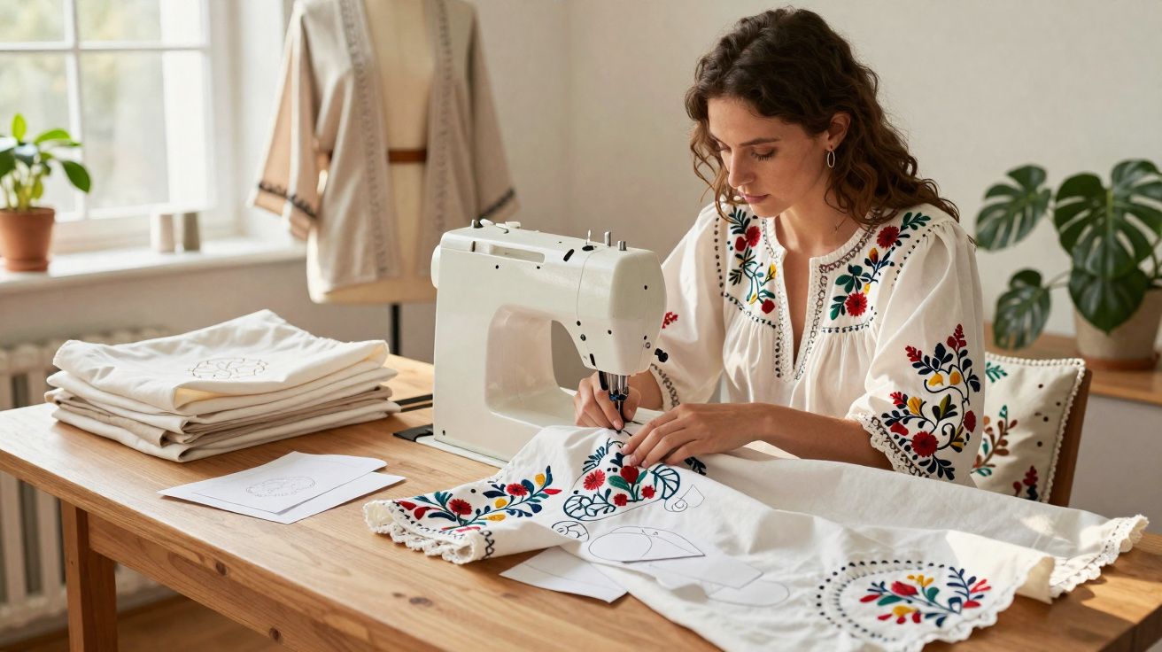 Vrouw borduurt kleurrijke bloemmotieven op een wit katoenen kledingstuk met een naaimachine aan een houten tafel.