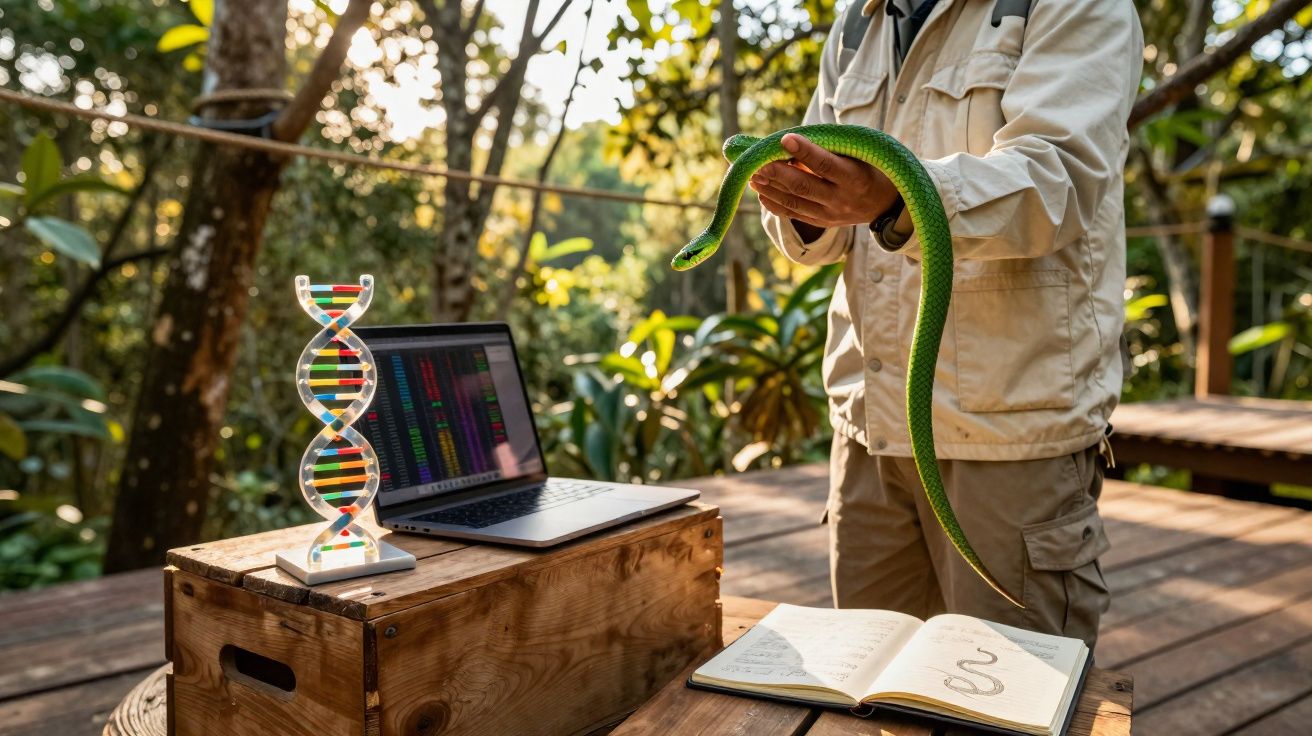 Persoon houdt groene slang vast naast laptop met DNA-model en notitieboek in buitenomgeving.