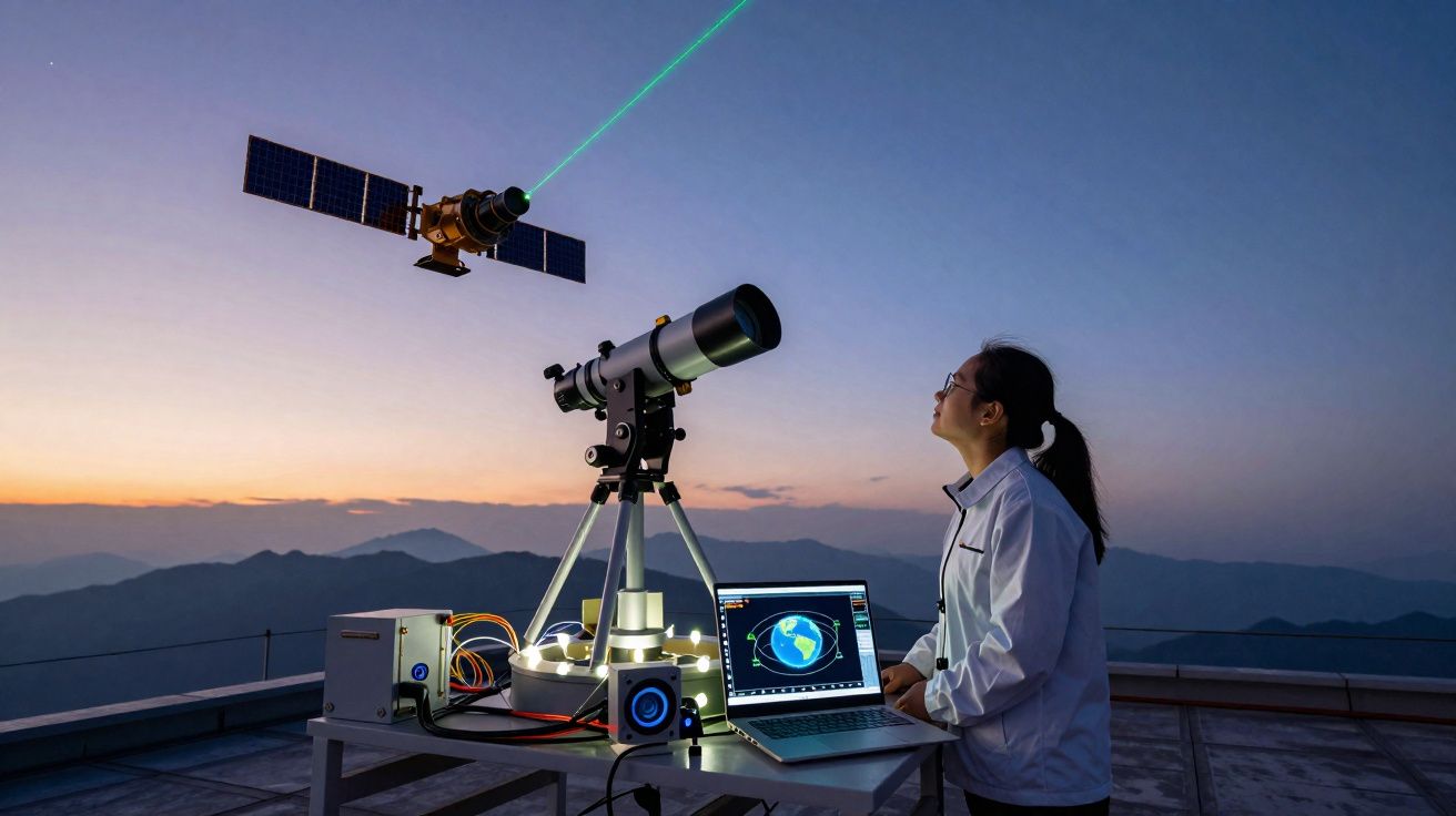 Vrouwelijke wetenschapper observeert satelliet met telescoop en laptop op een berg tijdens zonsondergang.