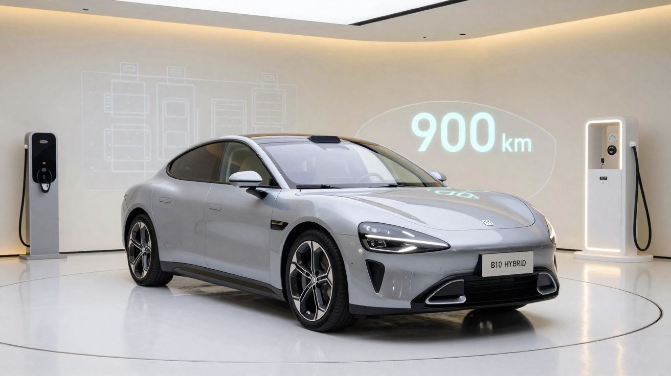 Grijze elektrische B10 Hybrid auto in showroom met 900 km actieradius en laadpalen op achtergrond.